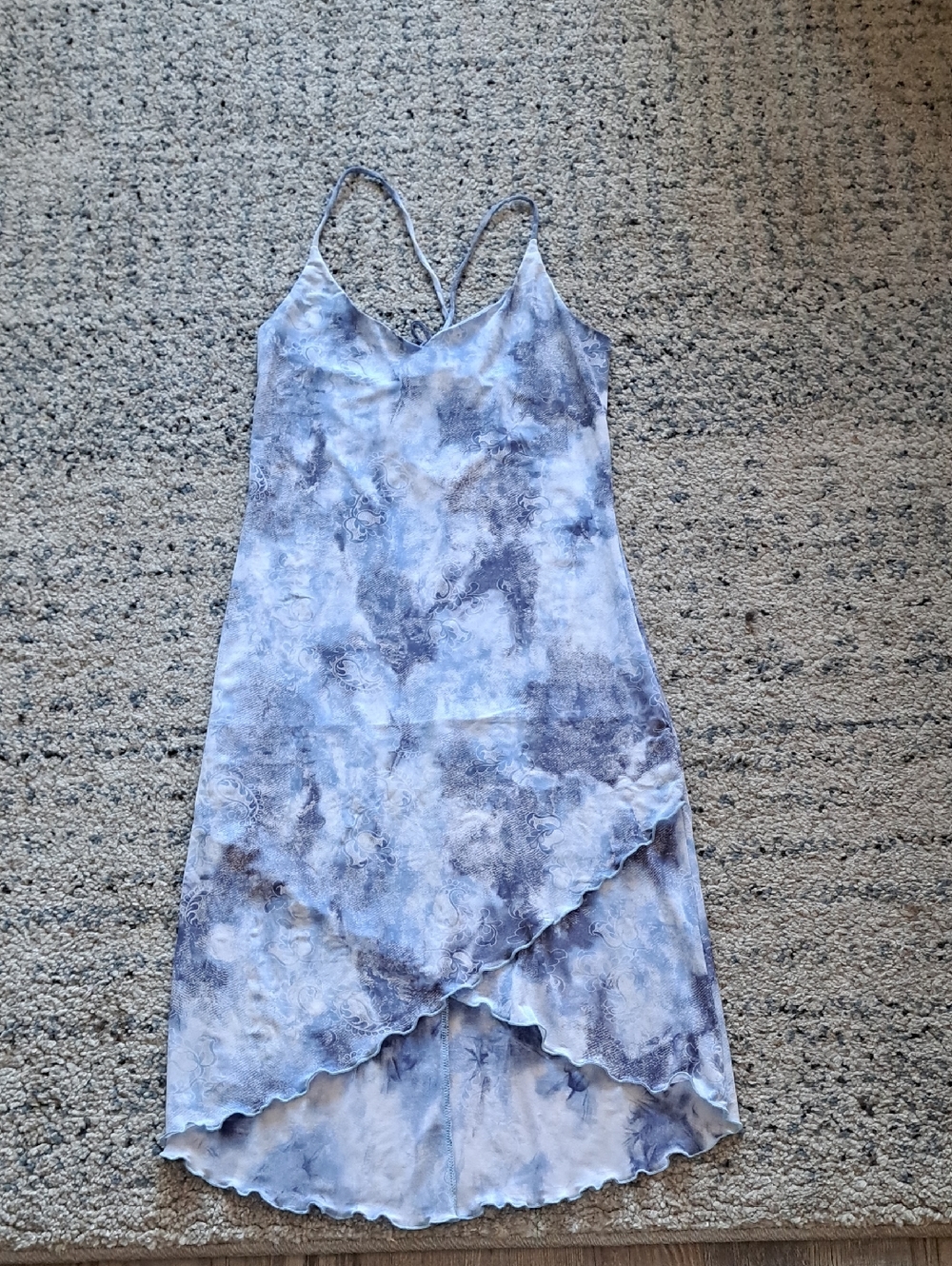 Blue Marble Print Midi Slip Dress with Asymmetrical Hem